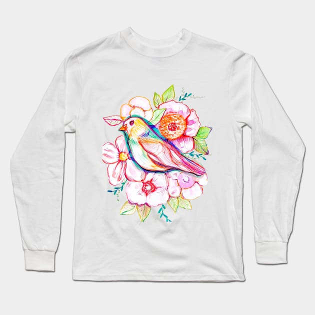 floral bird illustration with rainbow colors, peonies, pink flowers, pink bird, cute illustration Long Sleeve T-Shirt by chandelier2137